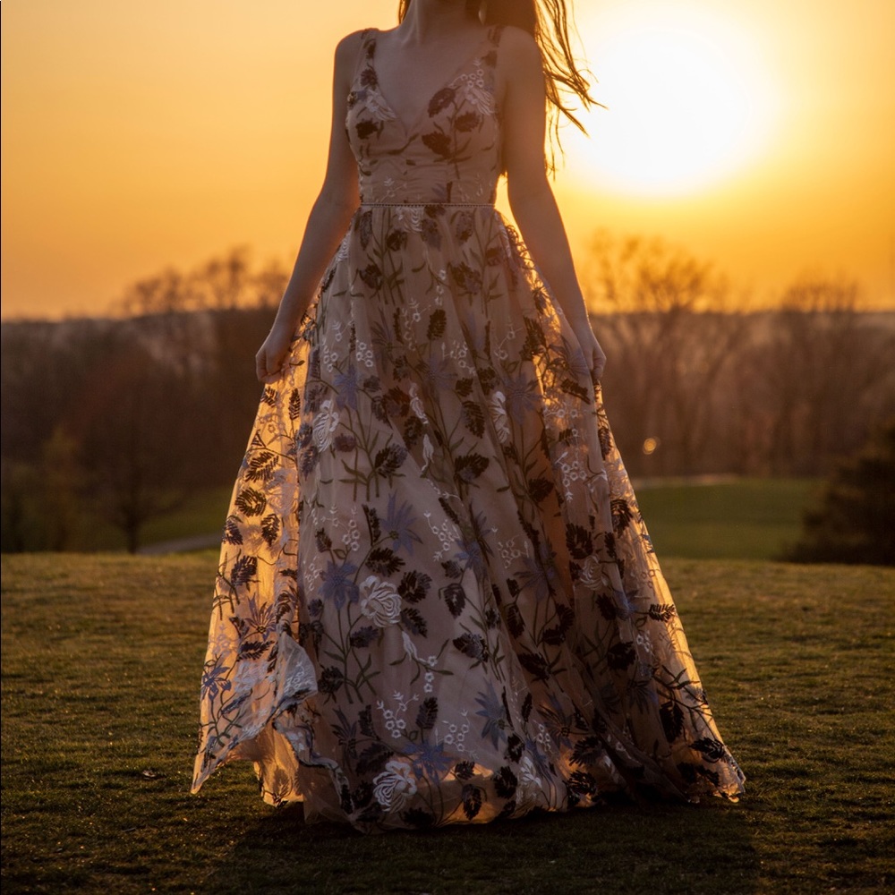 Sequin-Trim Floral Embroidered Gown